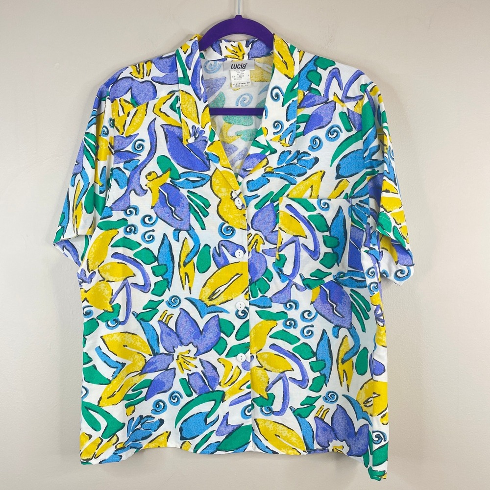 Vintage 80s Art To Wear Top Womens Large Bright Floral Camp Shirt Colorful Bold